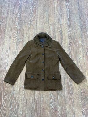 Brooks Brothers Brown Suede Leather Button-Up Jacket with Knitted Collar - Sz 10